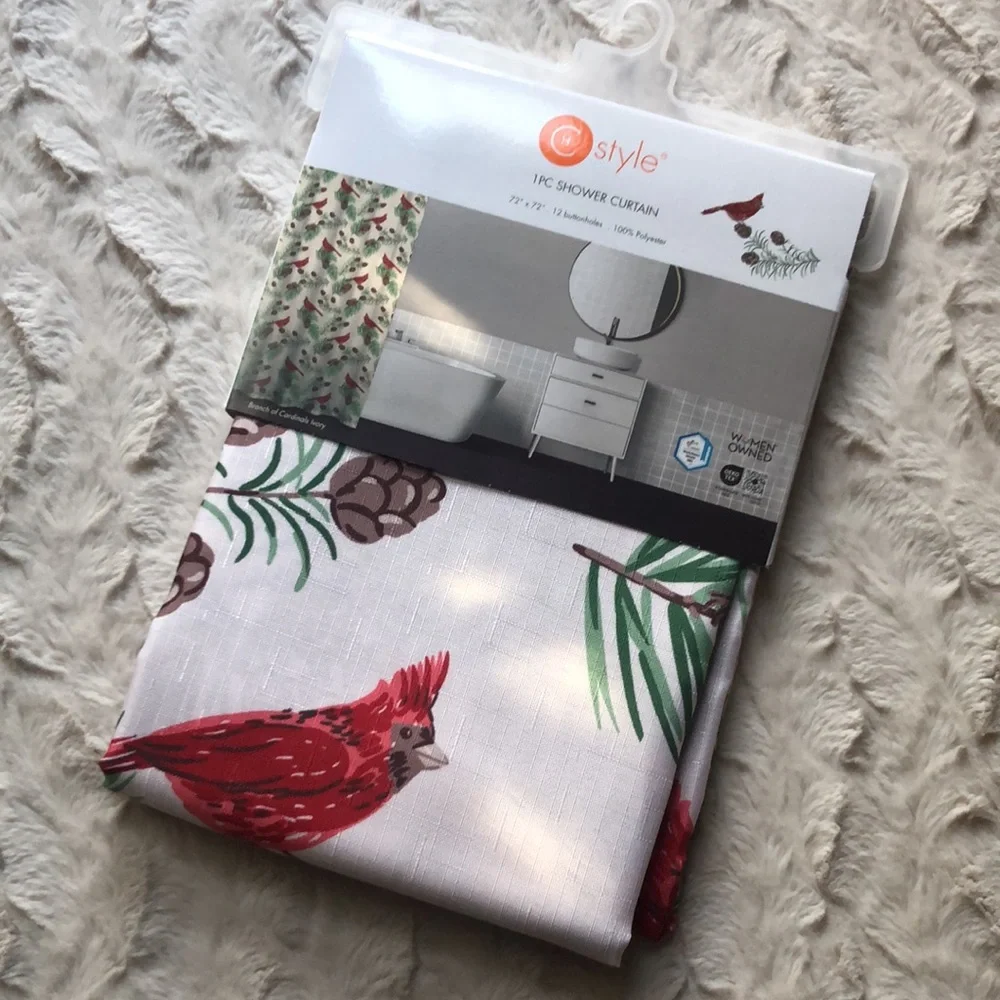 Holiday Red Cardinal Bird Pinecone Print Shower Curtain